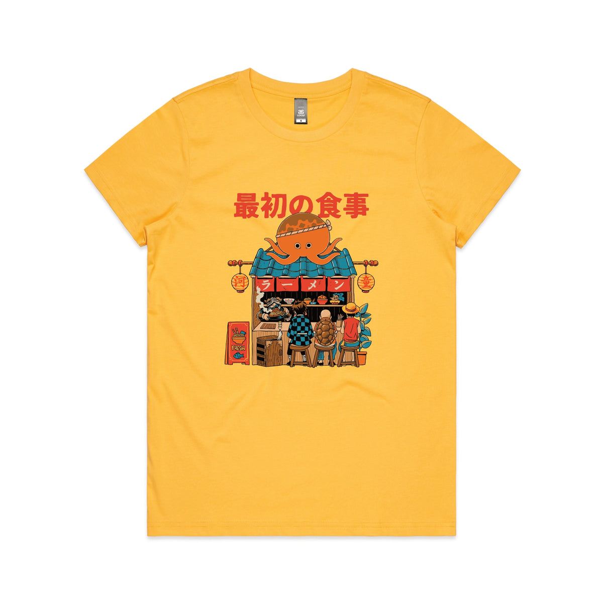 Yellow fitted womens t-shirt with Pampling Ramen graphic by Lonely Kids Club