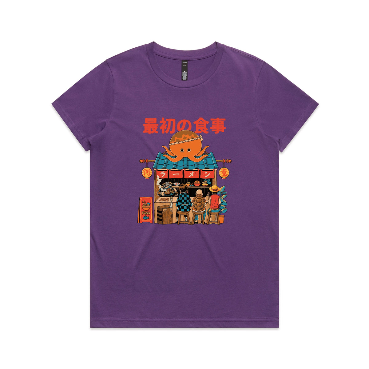 Purple fitted womens t-shirt with Pampling Ramen graphic by Lonely Kids Club