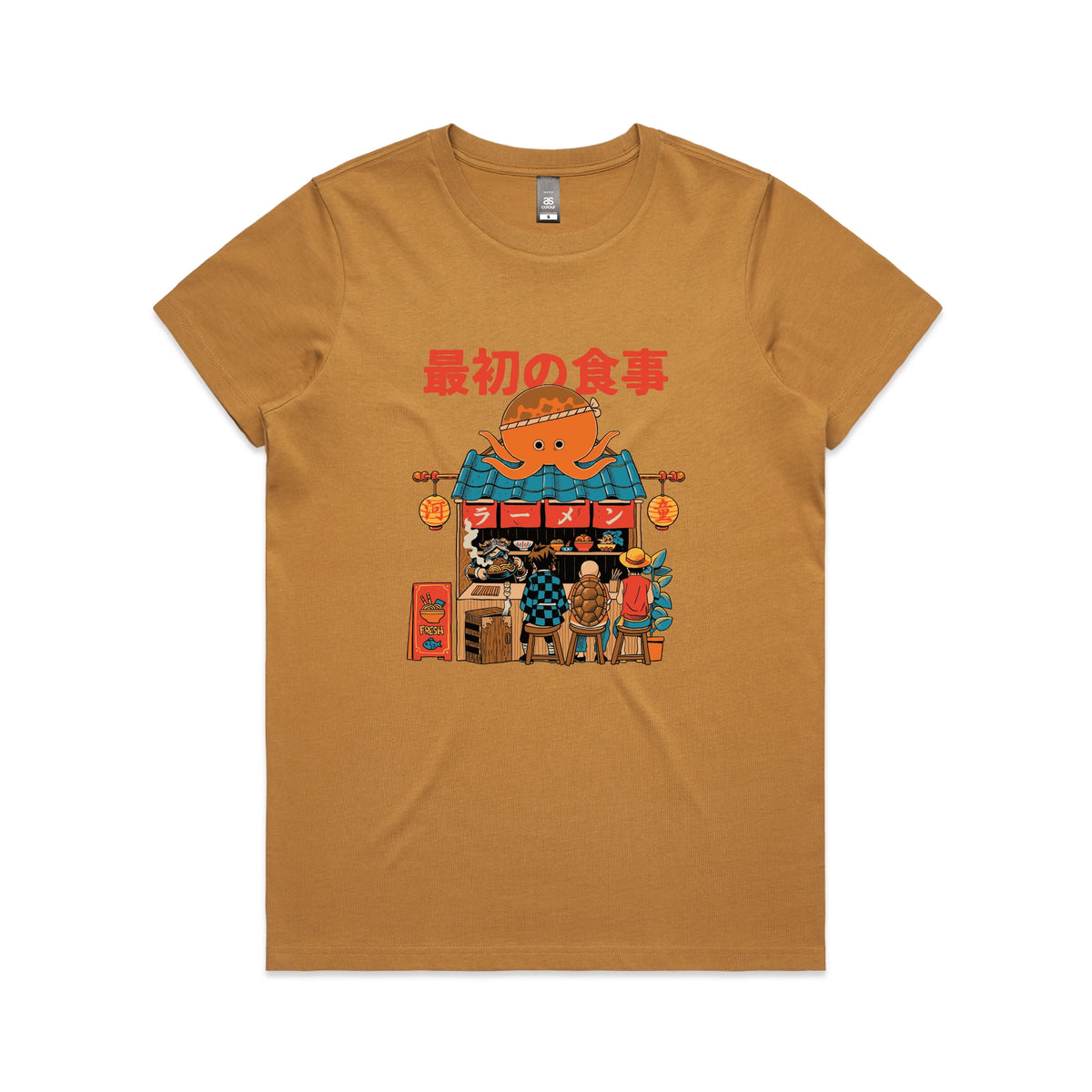 Camel fitted womens t-shirt with Pampling Ramen graphic by Lonely Kids Club