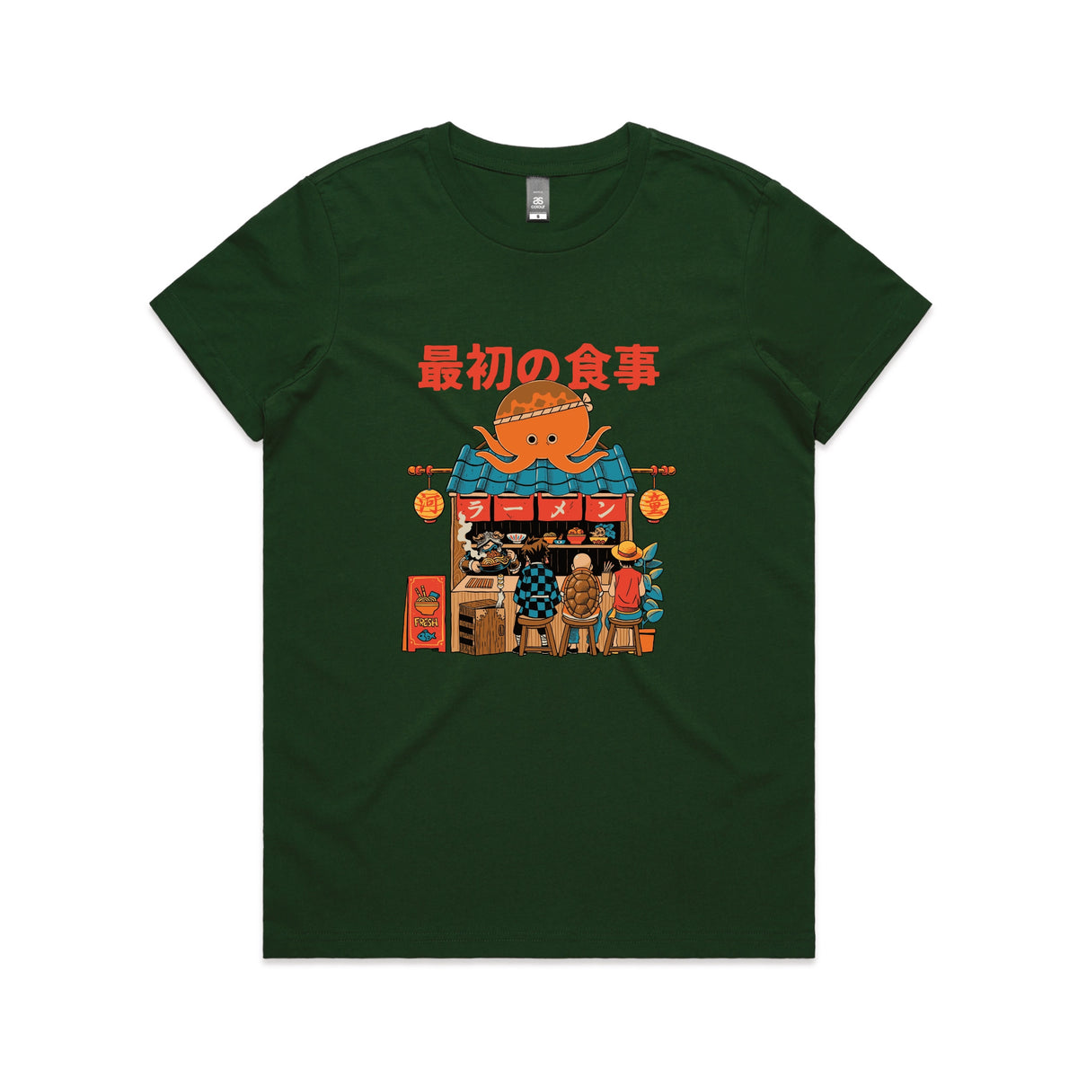 Forest Green fitted womens t-shirt with Pampling Ramen graphic by Lonely Kids Club