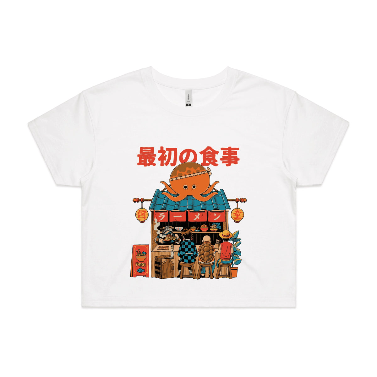 White crop top with Pampling Ramen graphic by Lonely Kids Club