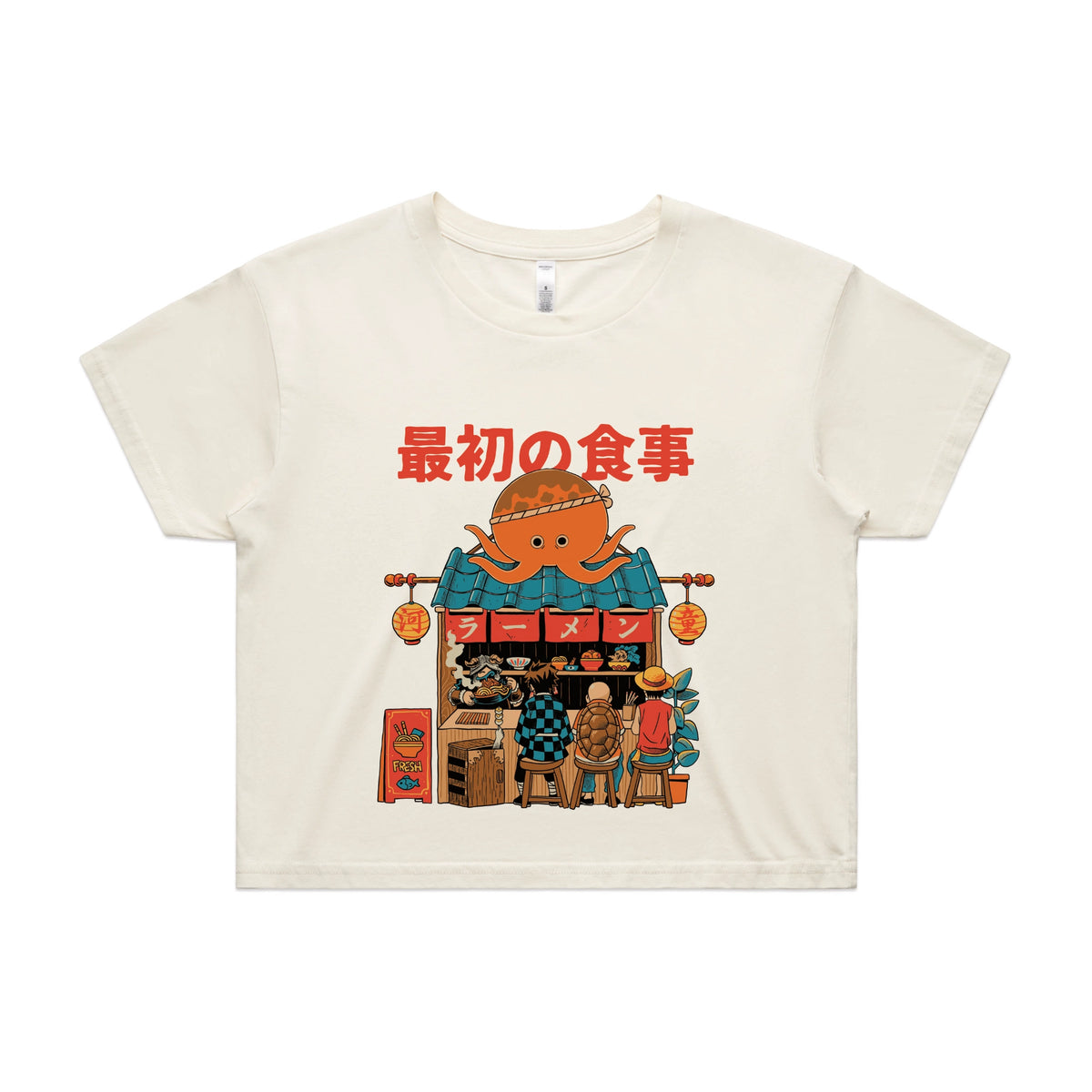 Ecru crop top with Pampling Ramen graphic by Lonely Kids Club