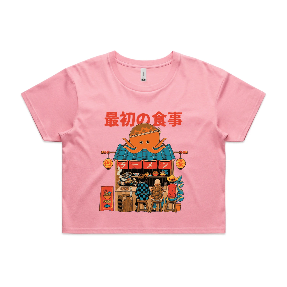Bubblegum crop top with Pampling Ramen graphic by Lonely Kids Club