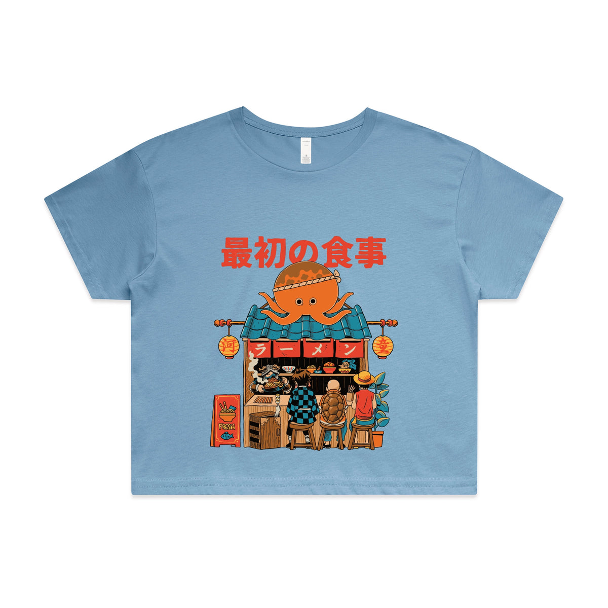 Carolina Blue crop top with Pampling Ramen graphic by Lonely Kids Club