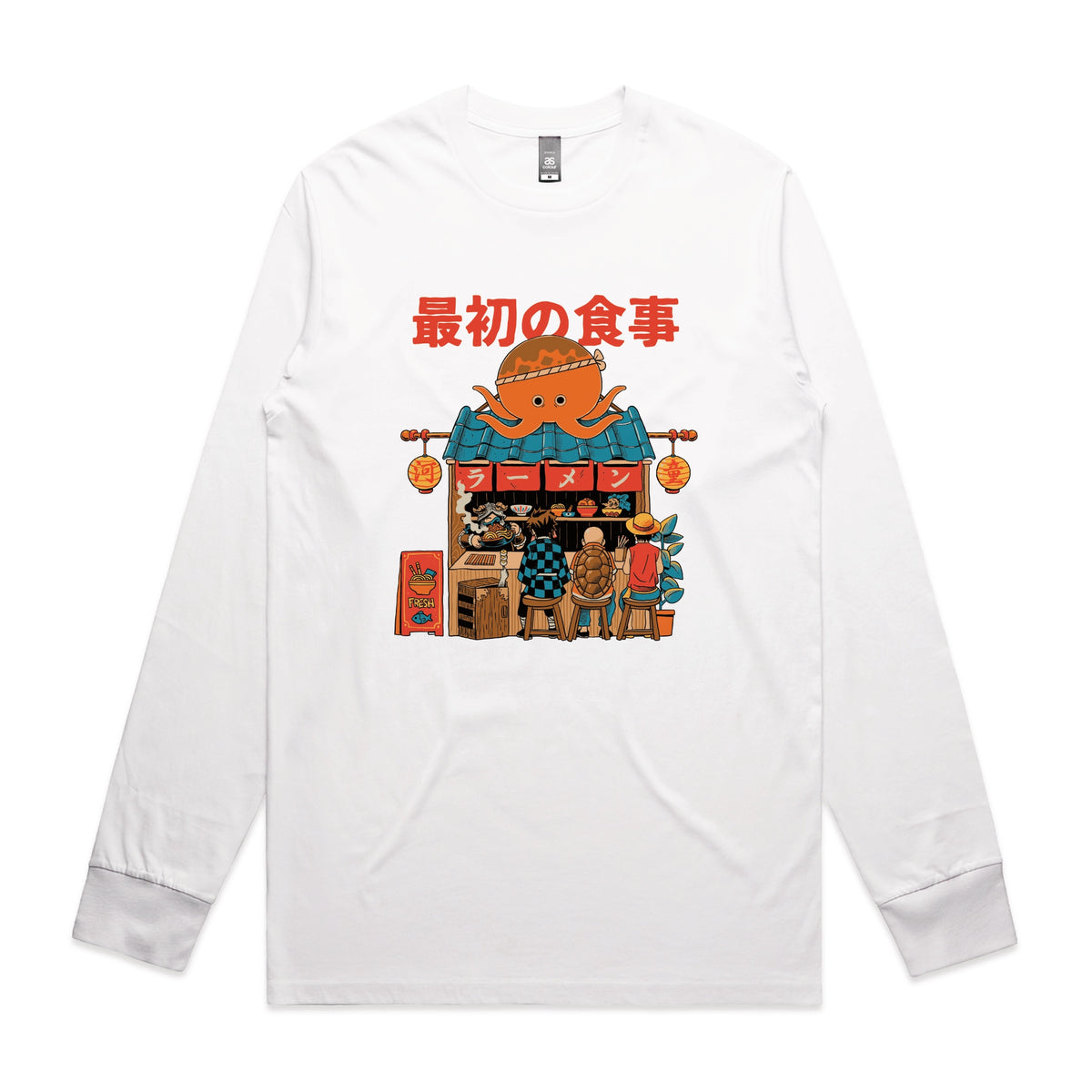 White long sleeve t-shirt with Pampling Ramen graphic by Lonely Kids Club
