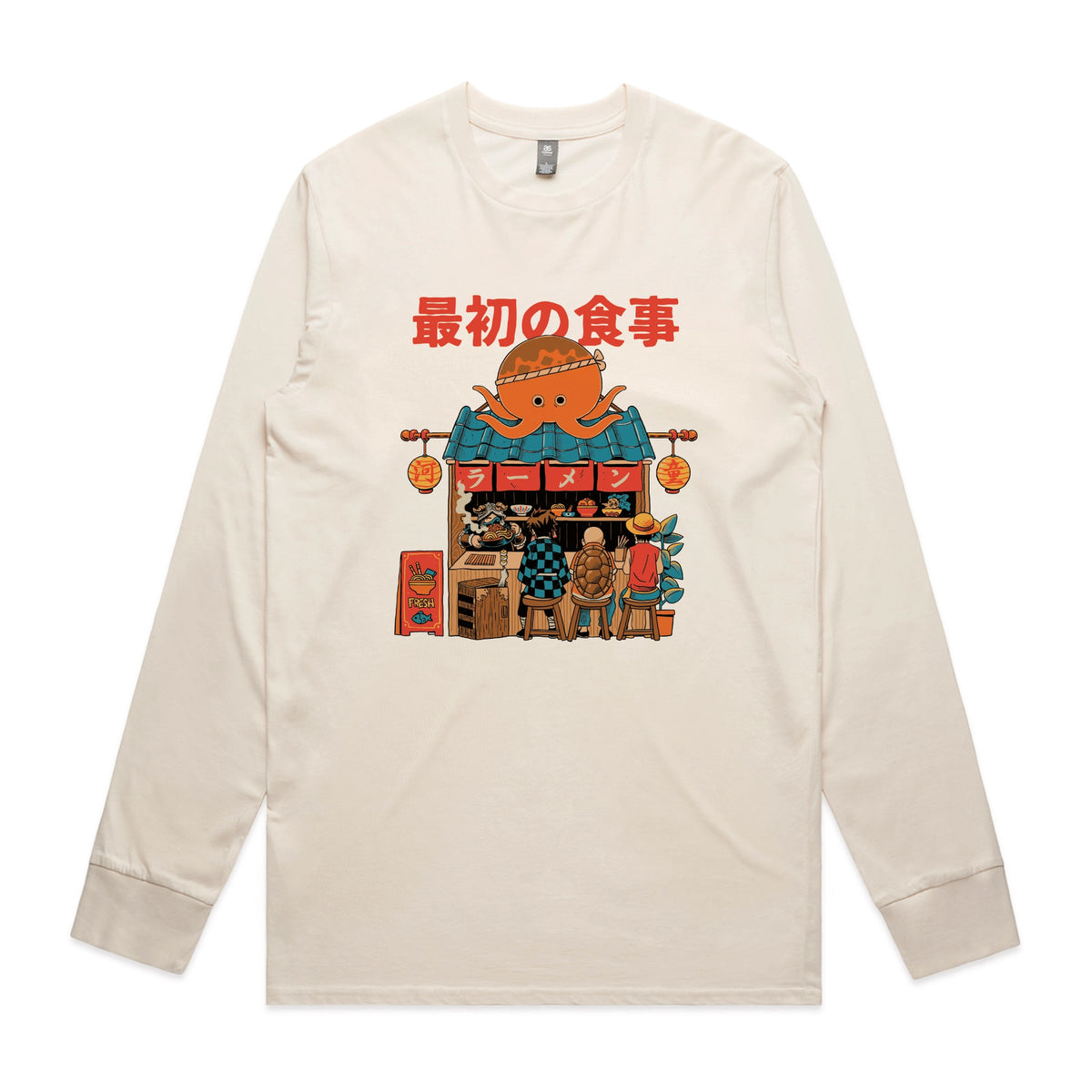 Ecru long sleeve t-shirt with Pampling Ramen graphic by Lonely Kids Club