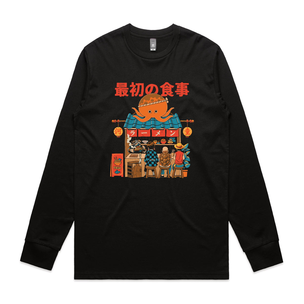 Black long sleeve t-shirt with Pampling Ramen graphic by Lonely Kids Club
