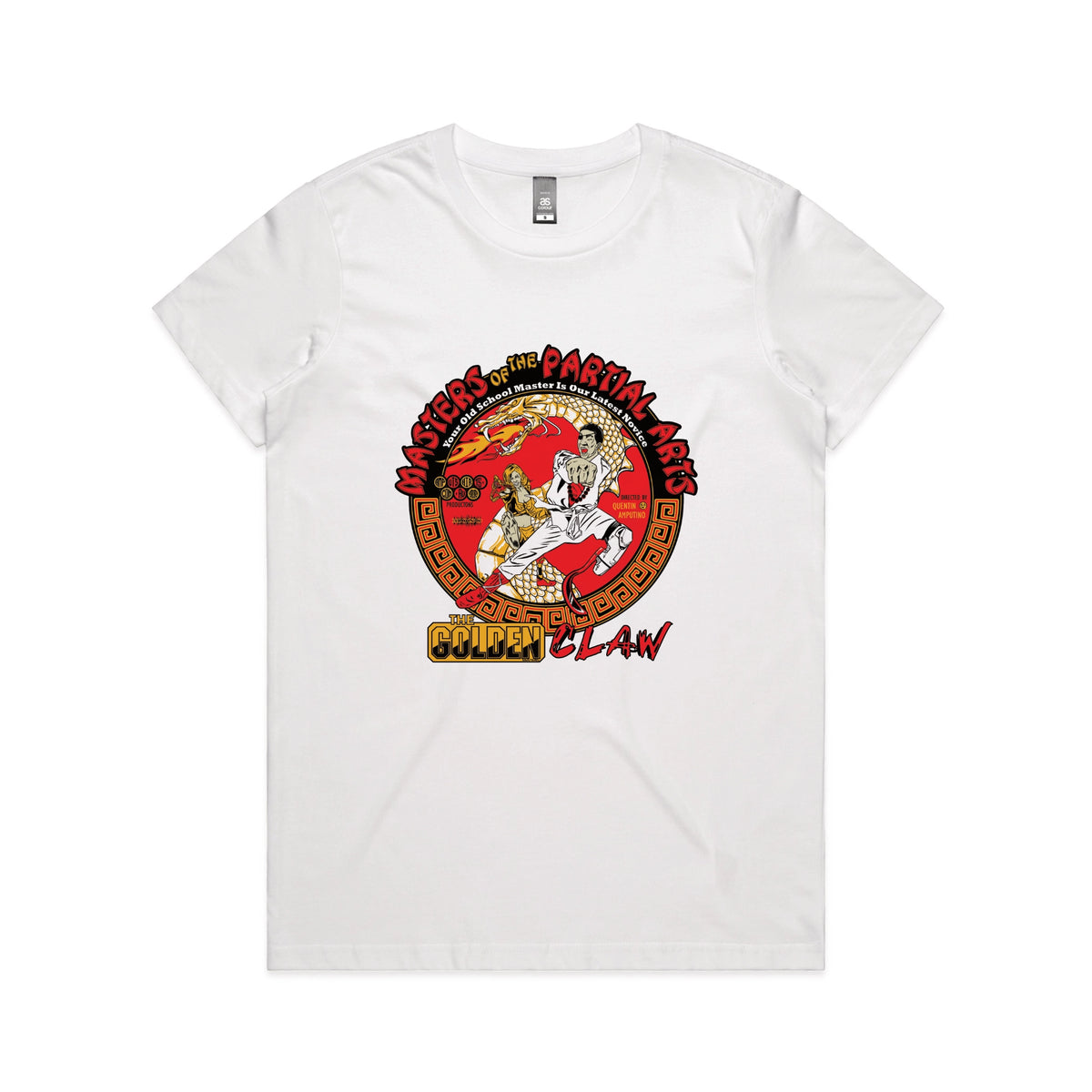 White fitted womens t-shirt with Masters Of The Partial Arts graphic by Lonely Kids Club