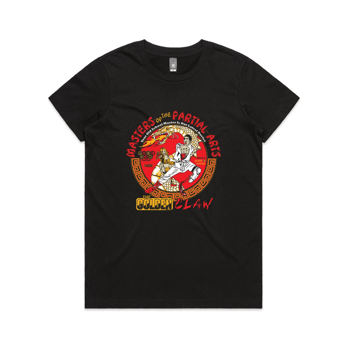 Black fitted womens t-shirt with Masters Of The Partial Arts graphic by Lonely Kids Club