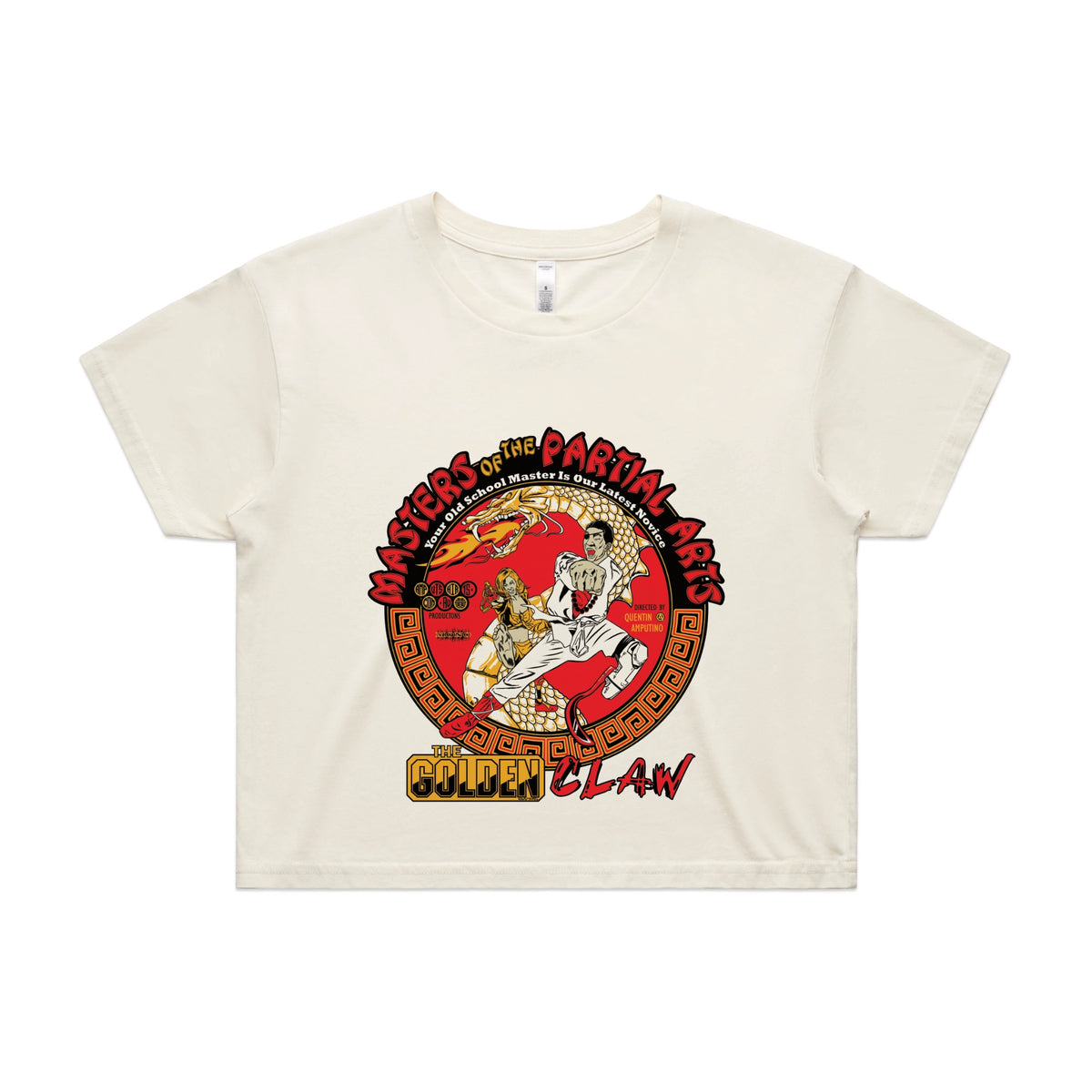 Ecru crop top with Masters Of The Partial Arts graphic by Lonely Kids Club