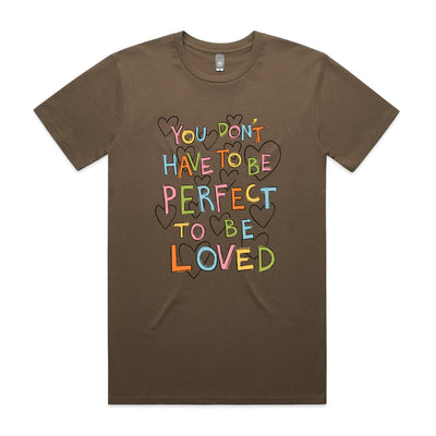 To Be Perfect Tee by Lonely Kids Club. All clothing from our T-shirts to our shorts and hoodies are ethically made, and printed packed and shipped from Sydney.