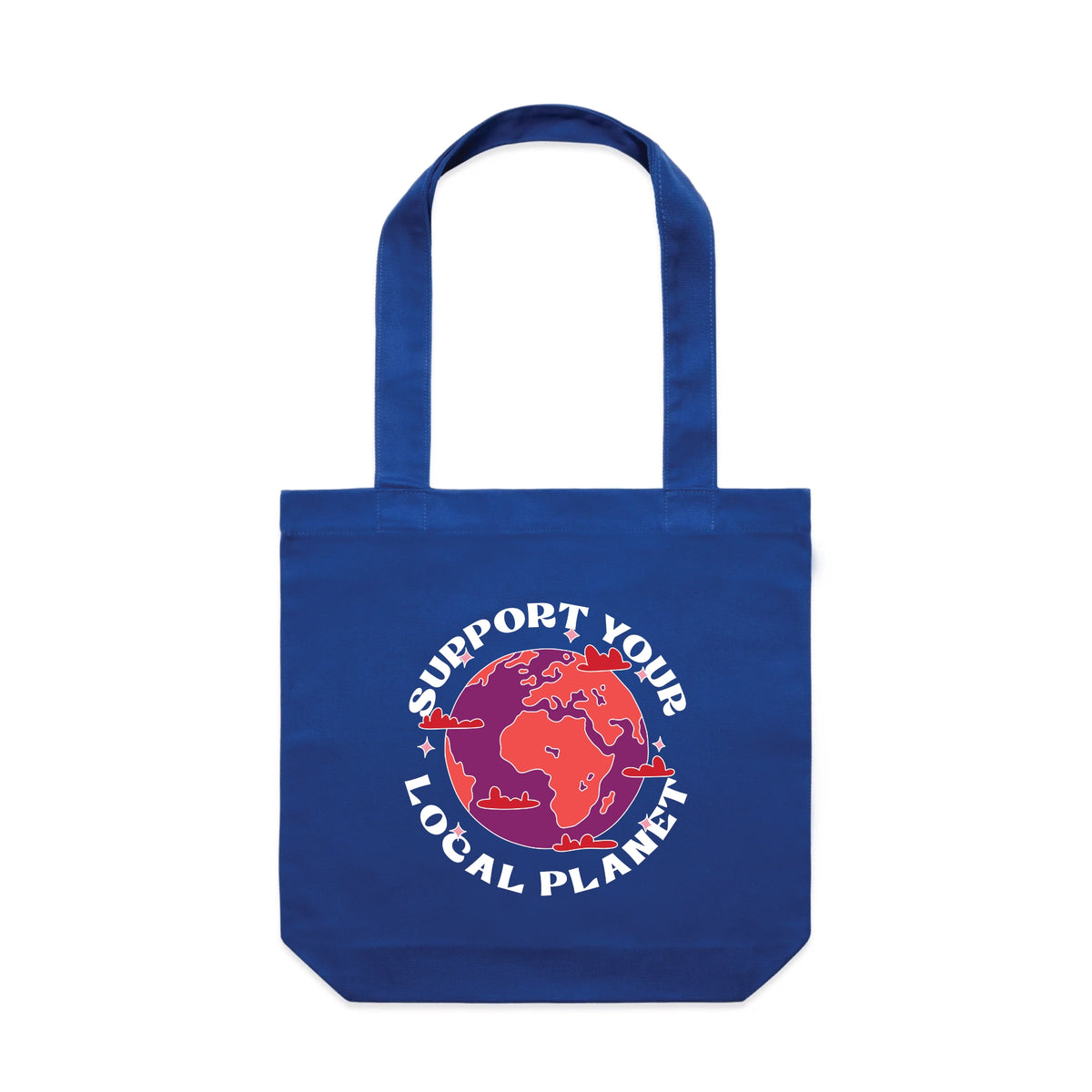 Royal Blue carrie tote with Support Your Local Planet Tote graphic by Lonely Kids Club