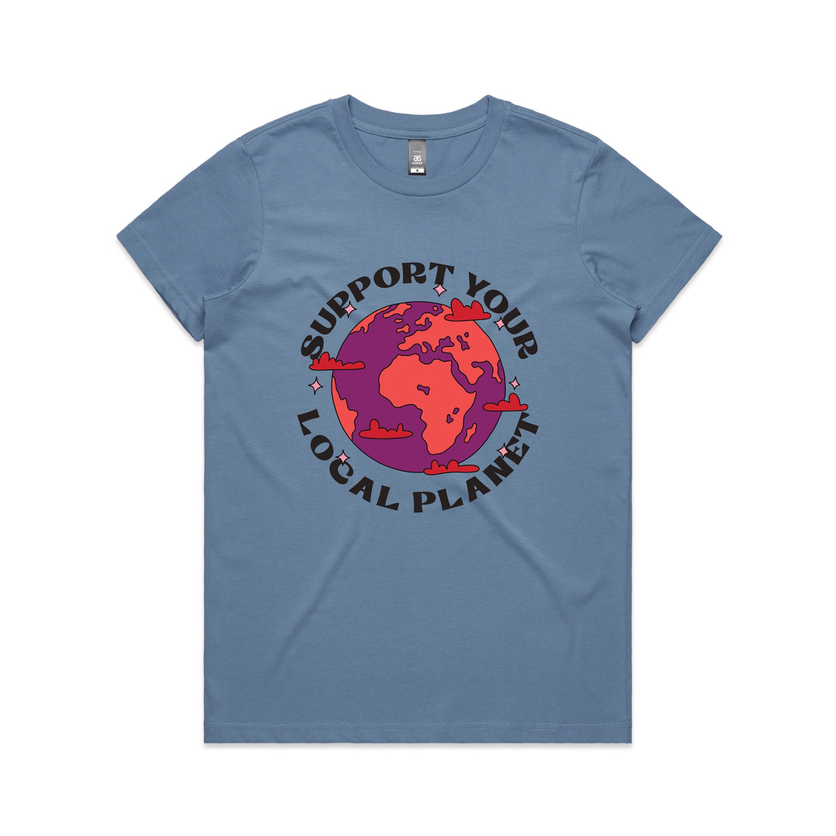Carolina Blue fitted womens t-shirt with Support Your Local Planet graphic by Lonely Kids Club