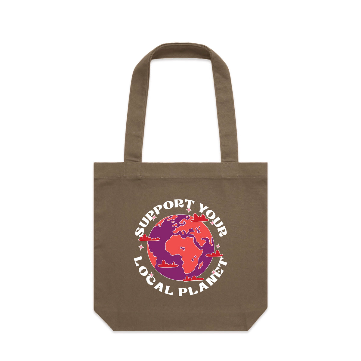 Walnut carrie tote with Support Your Local Planet Tote graphic by Lonely Kids Club