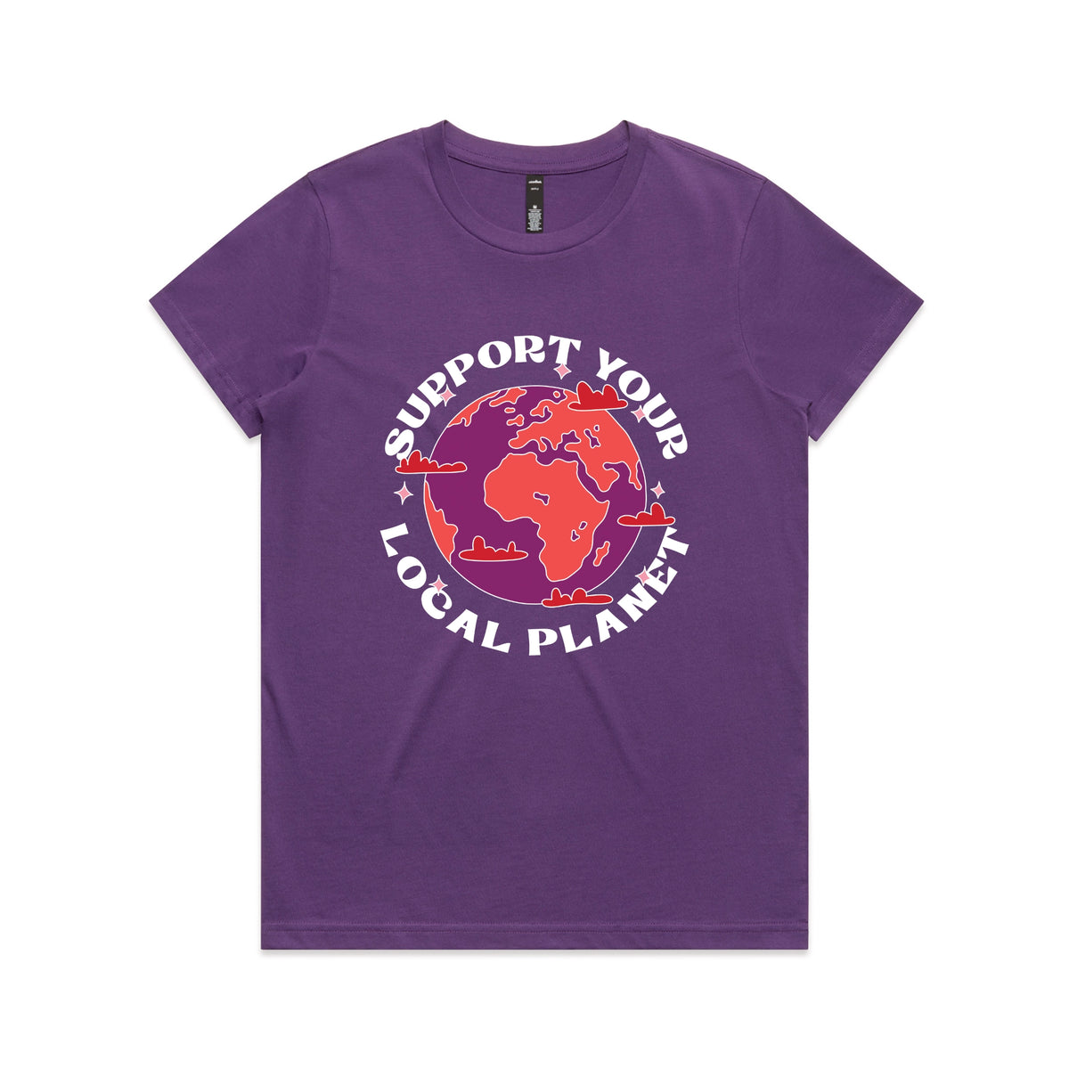 Purple fitted womens t-shirt with Support Your Local Planet graphic by Lonely Kids Club