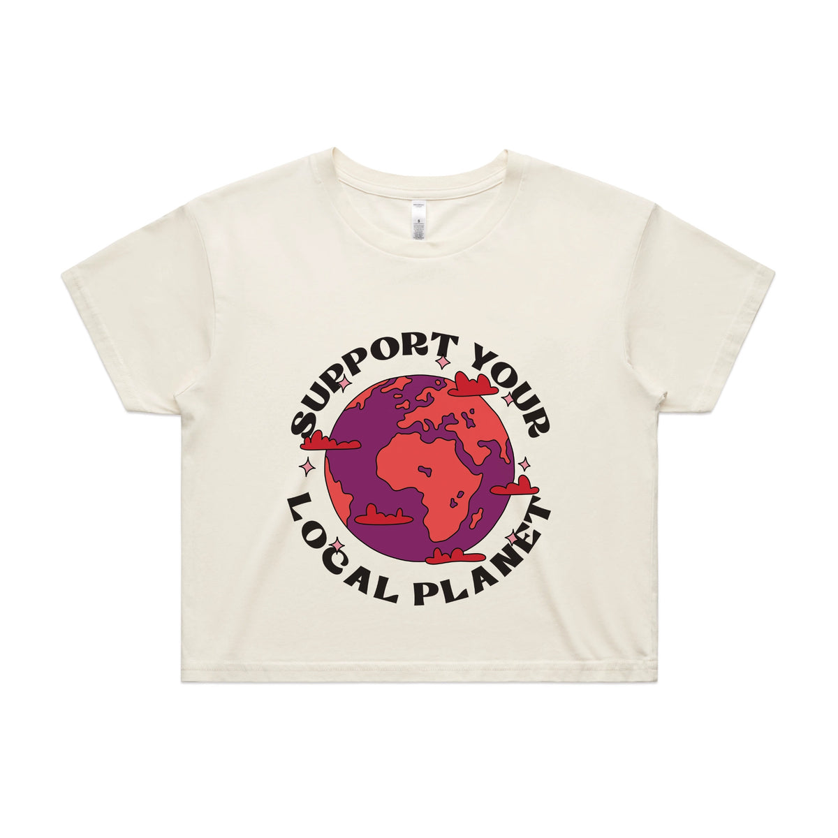 Ecru crop top with Support Your Local Planet graphic by Lonely Kids Club
