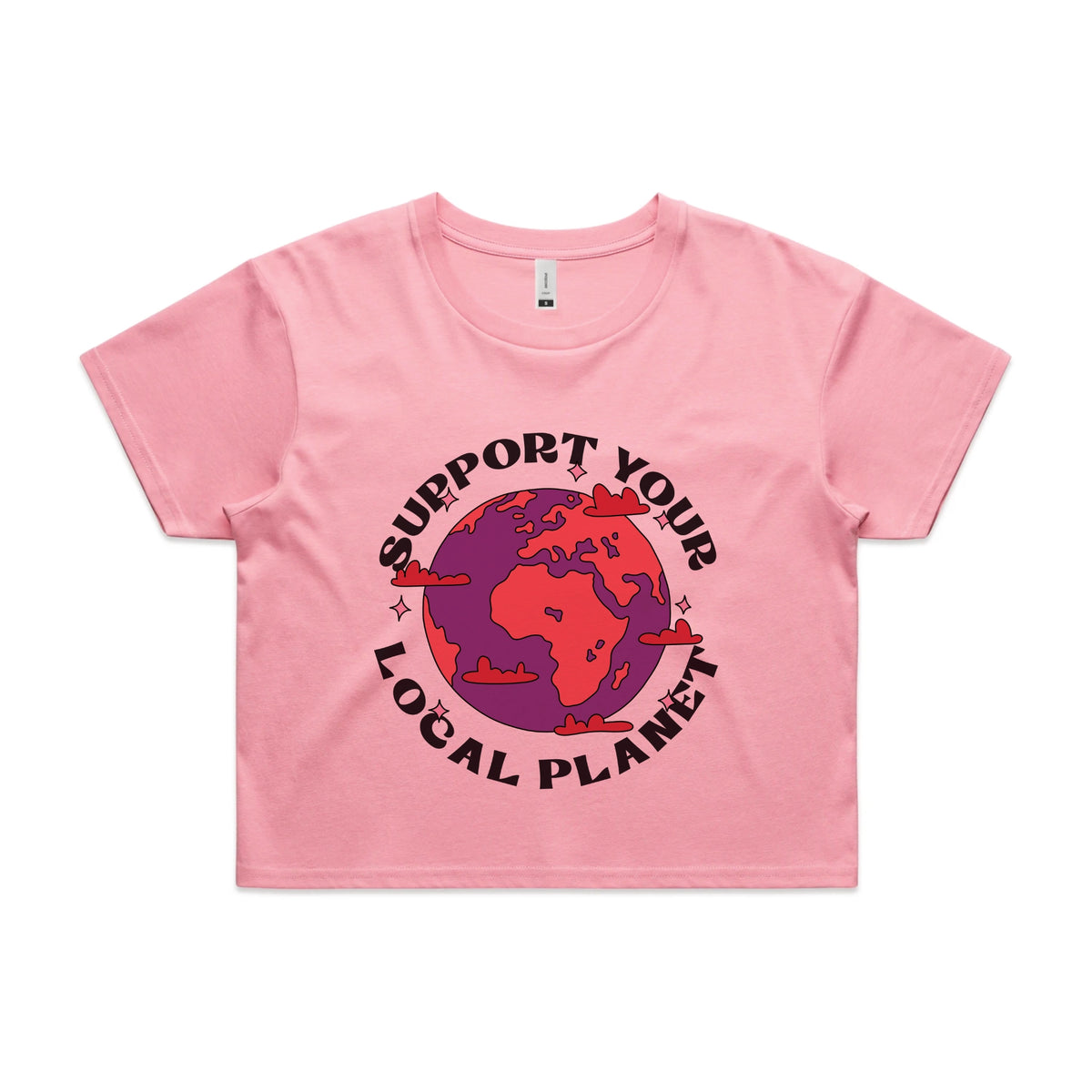 Bubblegum crop top with Support Your Local Planet graphic by Lonely Kids Club