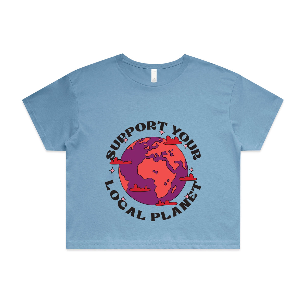 Carolina Blue crop top with Support Your Local Planet graphic by Lonely Kids Club