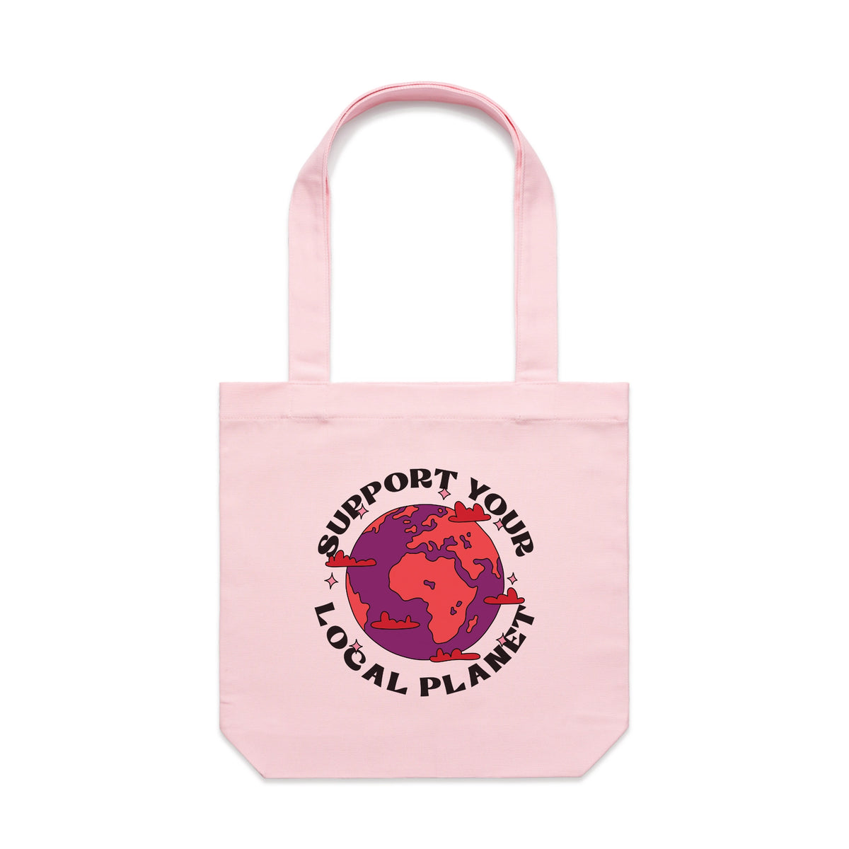 Pink carrie tote with Support Your Local Planet Tote graphic by Lonely Kids Club