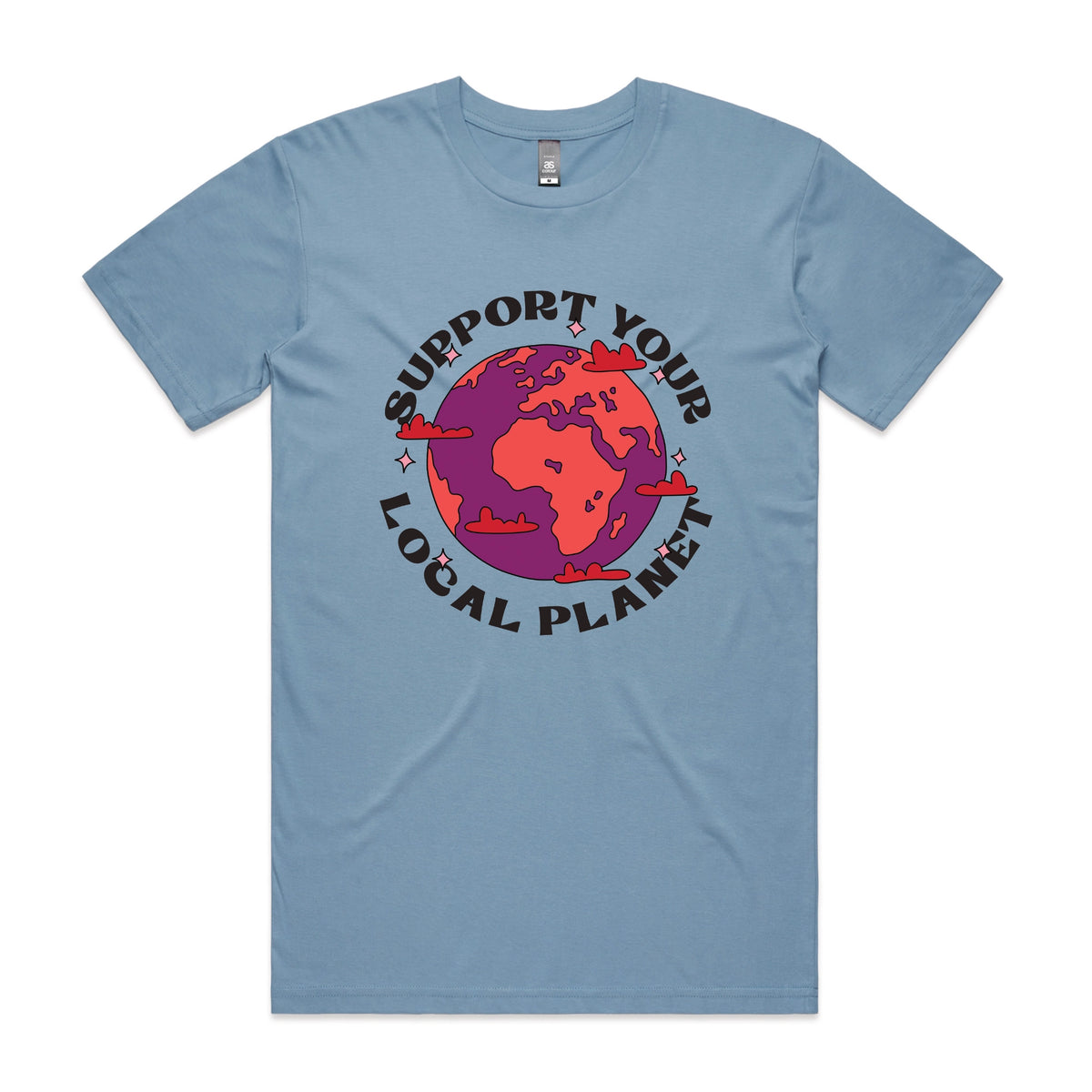 Carolina Blue unisex t-shirt with Support Your Local Planet graphic by Lonely Kids Club