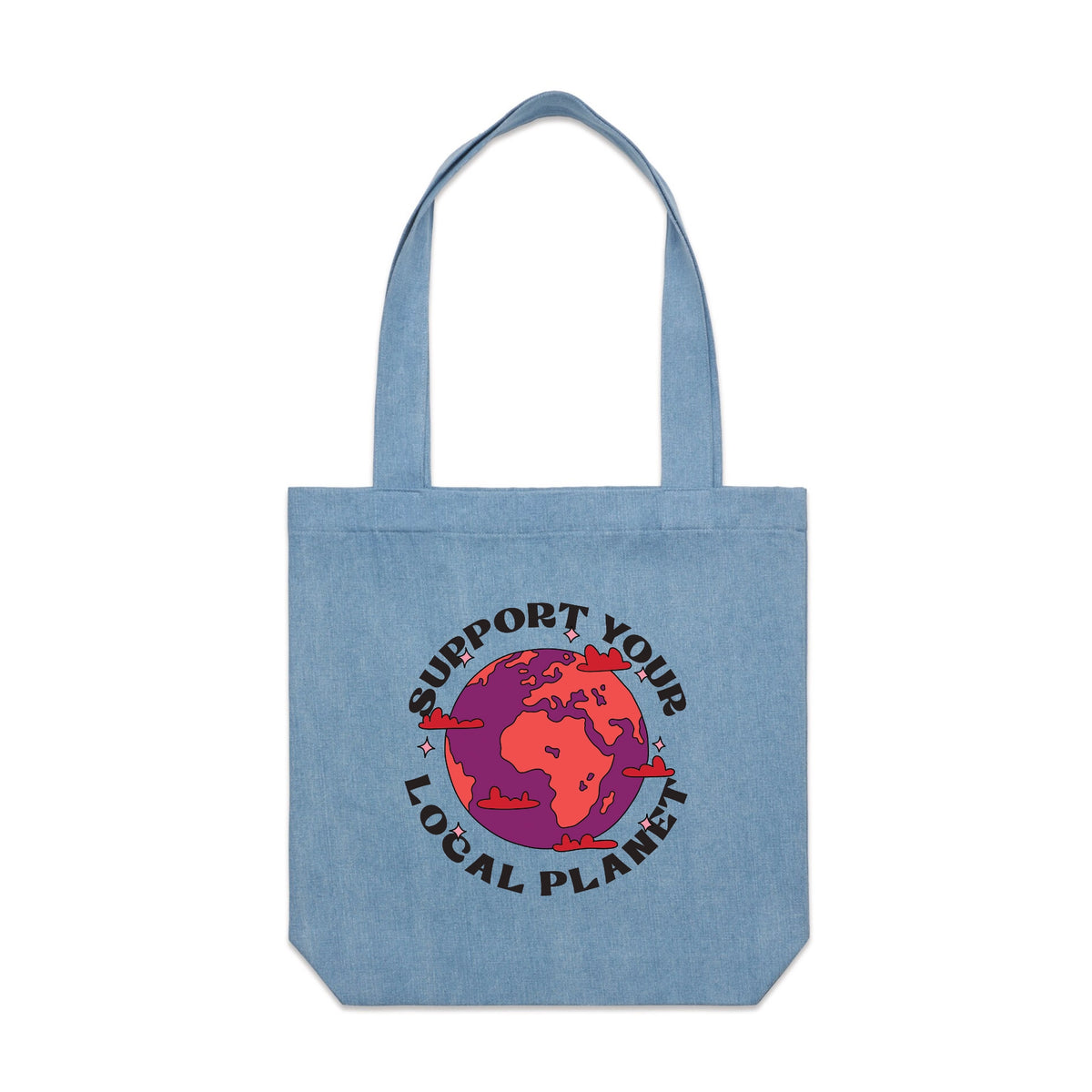 Denim carrie tote with Support Your Local Planet Tote graphic by Lonely Kids Club
