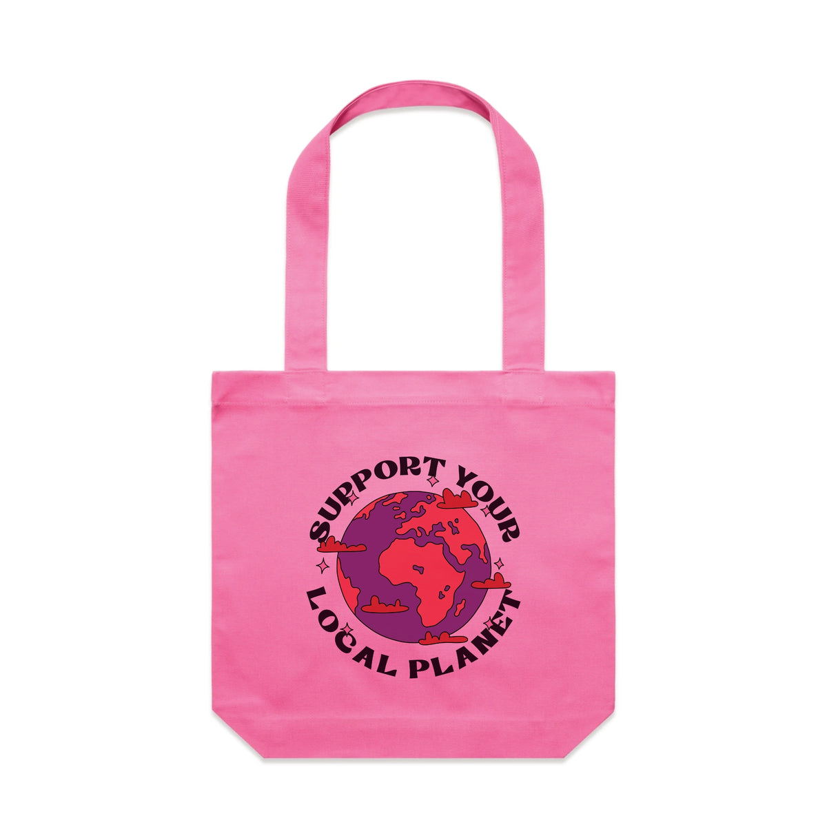 Bubblegum carrie tote with Support Your Local Planet Tote graphic by Lonely Kids Club
