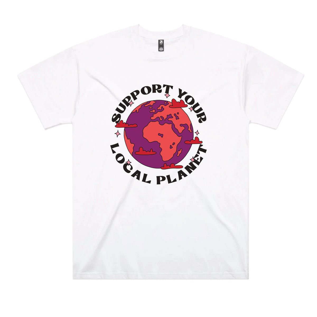 White oversized t-shirt with Support Your Local Planet graphic by Lonely Kids Club