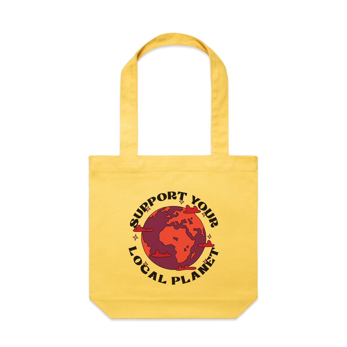 Yellow carrie tote with Support Your Local Planet Tote graphic by Lonely Kids Club