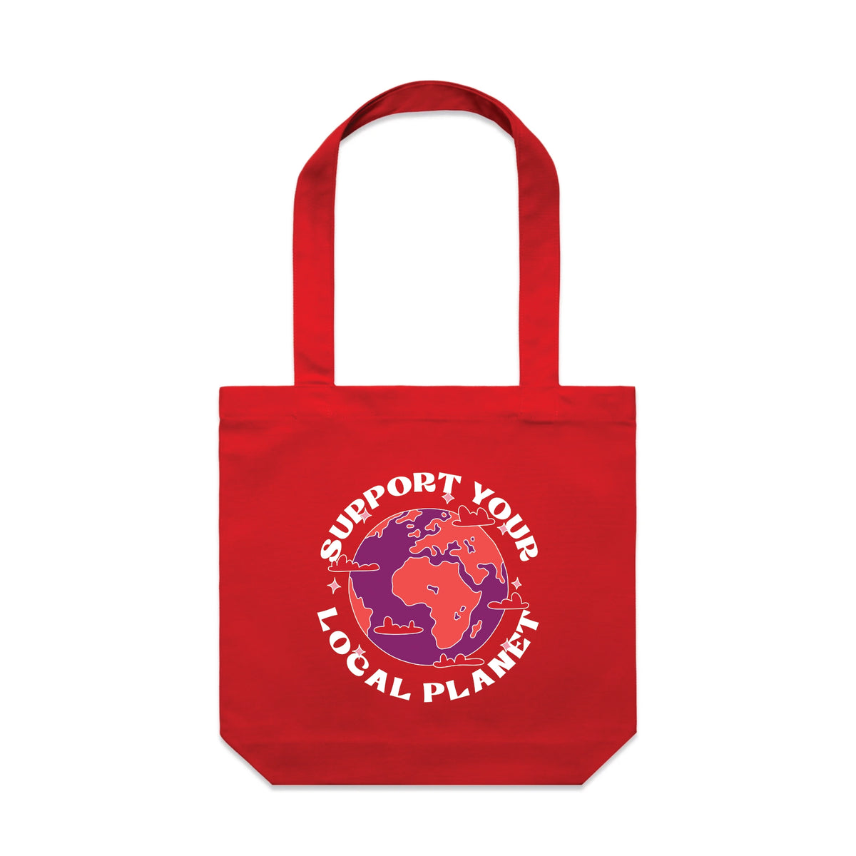 Red carrie tote with Support Your Local Planet Tote graphic by Lonely Kids Club