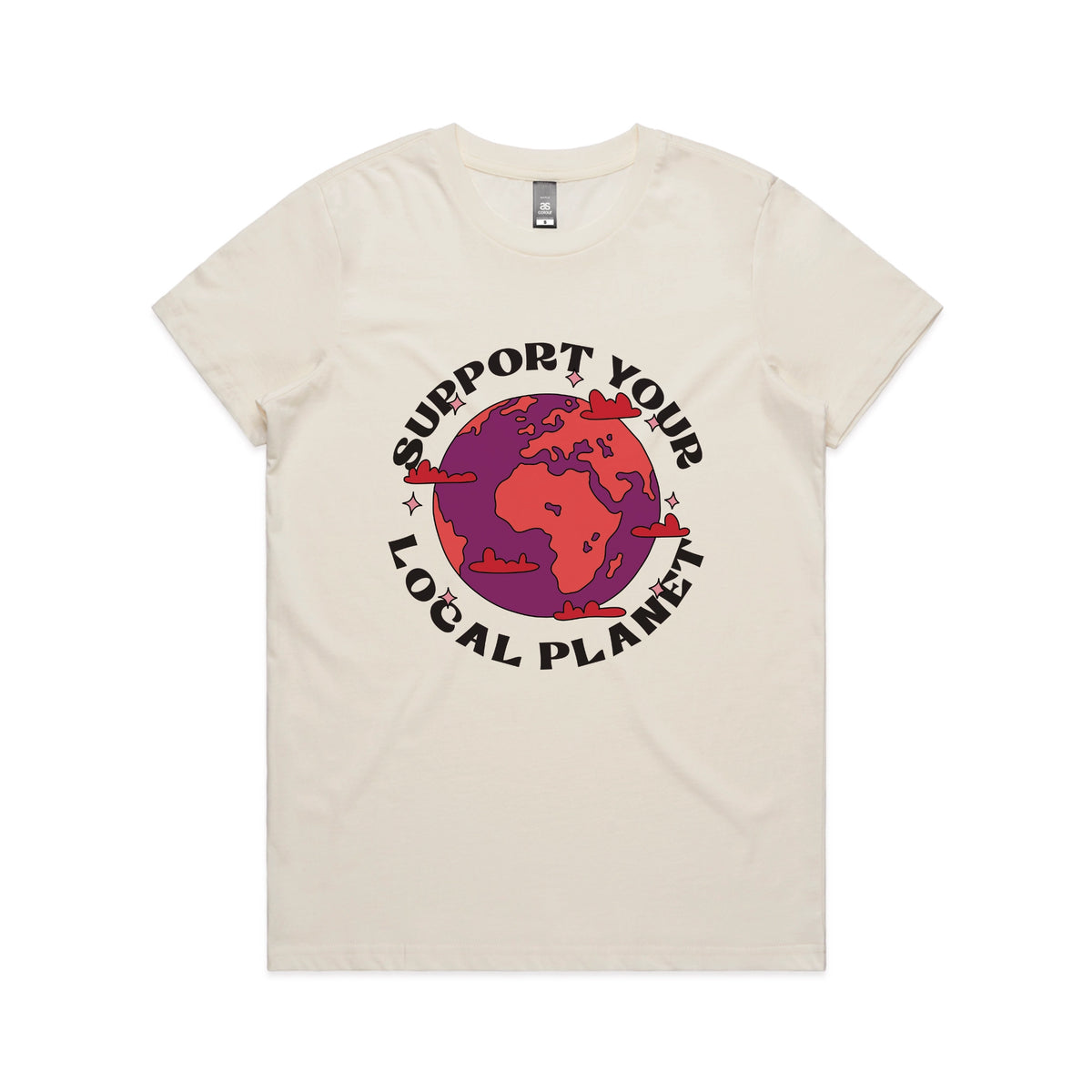Ecru fitted womens t-shirt with Support Your Local Planet graphic by Lonely Kids Club