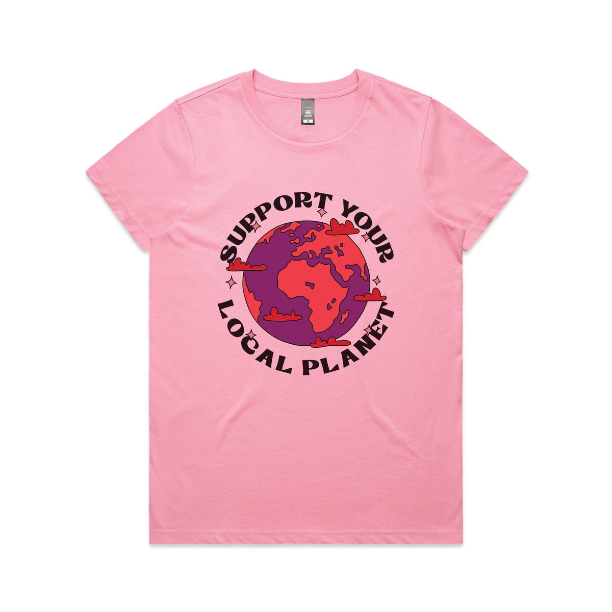 Bubblegum fitted womens t-shirt with Support Your Local Planet graphic by Lonely Kids Club