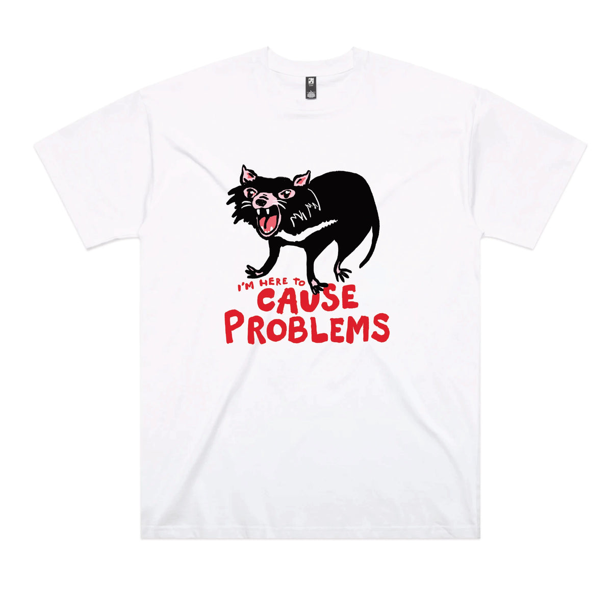 White oversized t-shirt with Cause Problems graphic by Lonely Kids Club