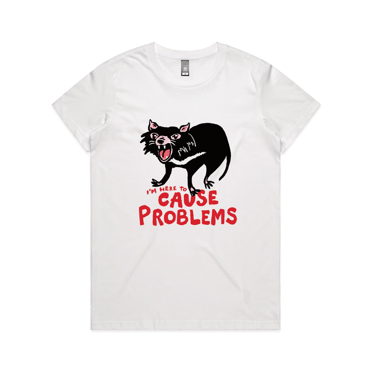 White fitted womens t-shirt with Cause Problems graphic by Lonely Kids Club
