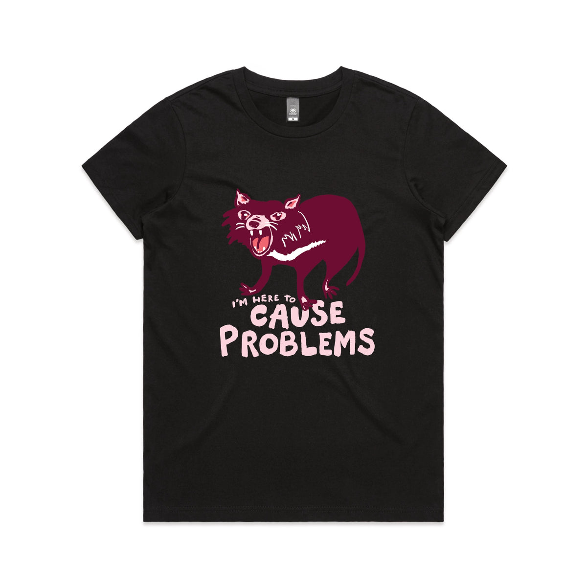 Black fitted womens t-shirt with Cause Problems graphic by Lonely Kids Club
