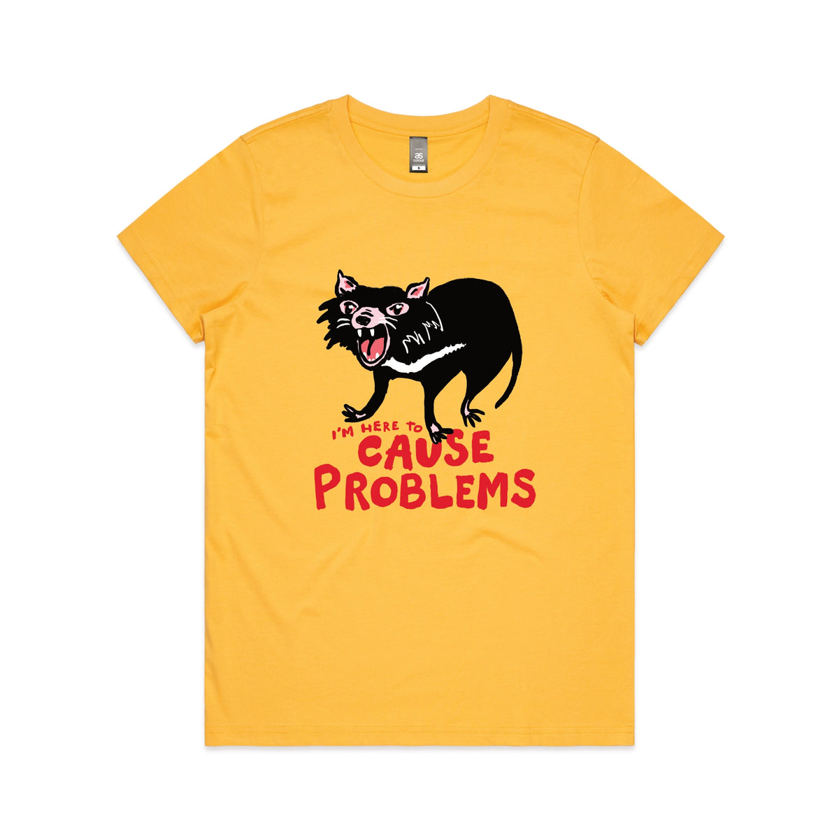 Yellow fitted womens t-shirt with Cause Problems graphic by Lonely Kids Club