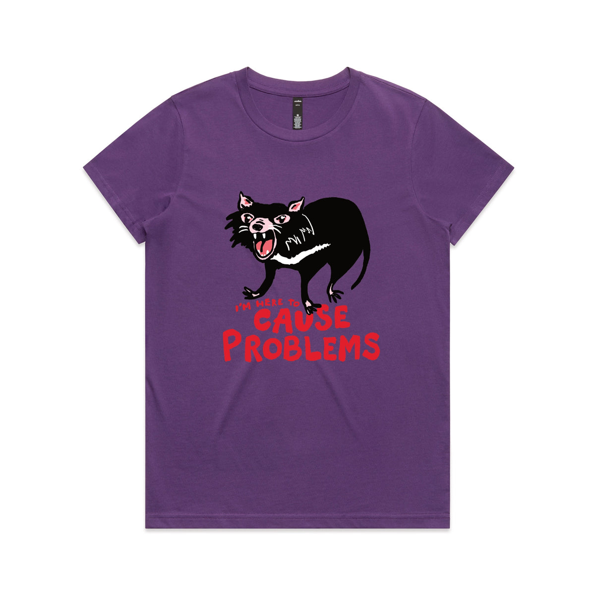 Purple fitted womens t-shirt with Cause Problems graphic by Lonely Kids Club