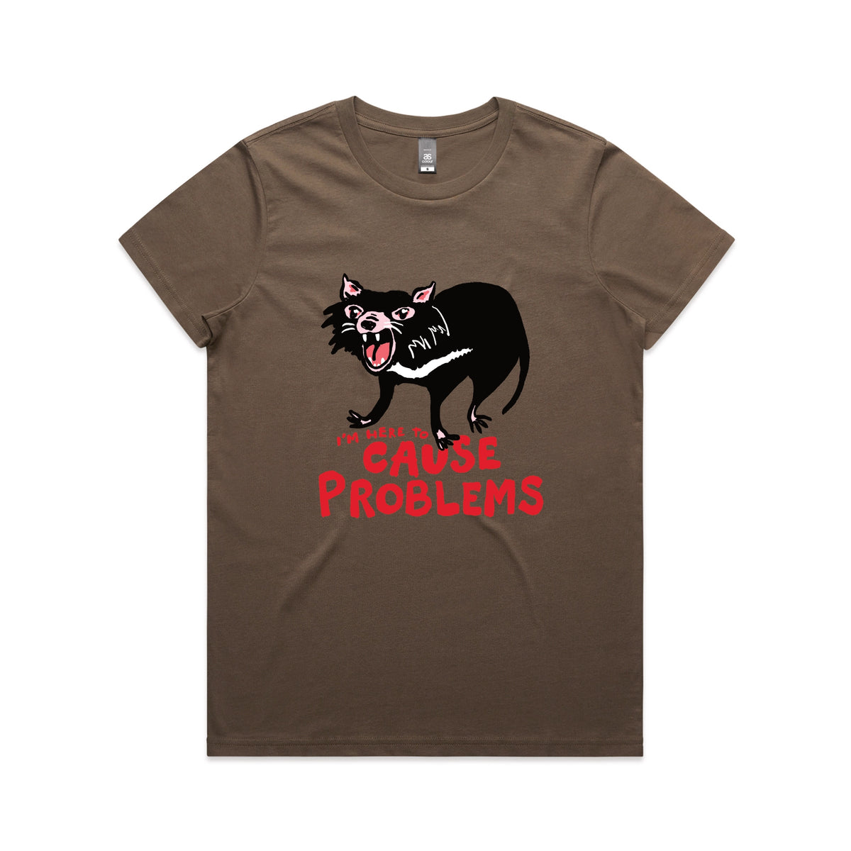 Walnut fitted womens t-shirt with Cause Problems graphic by Lonely Kids Club
