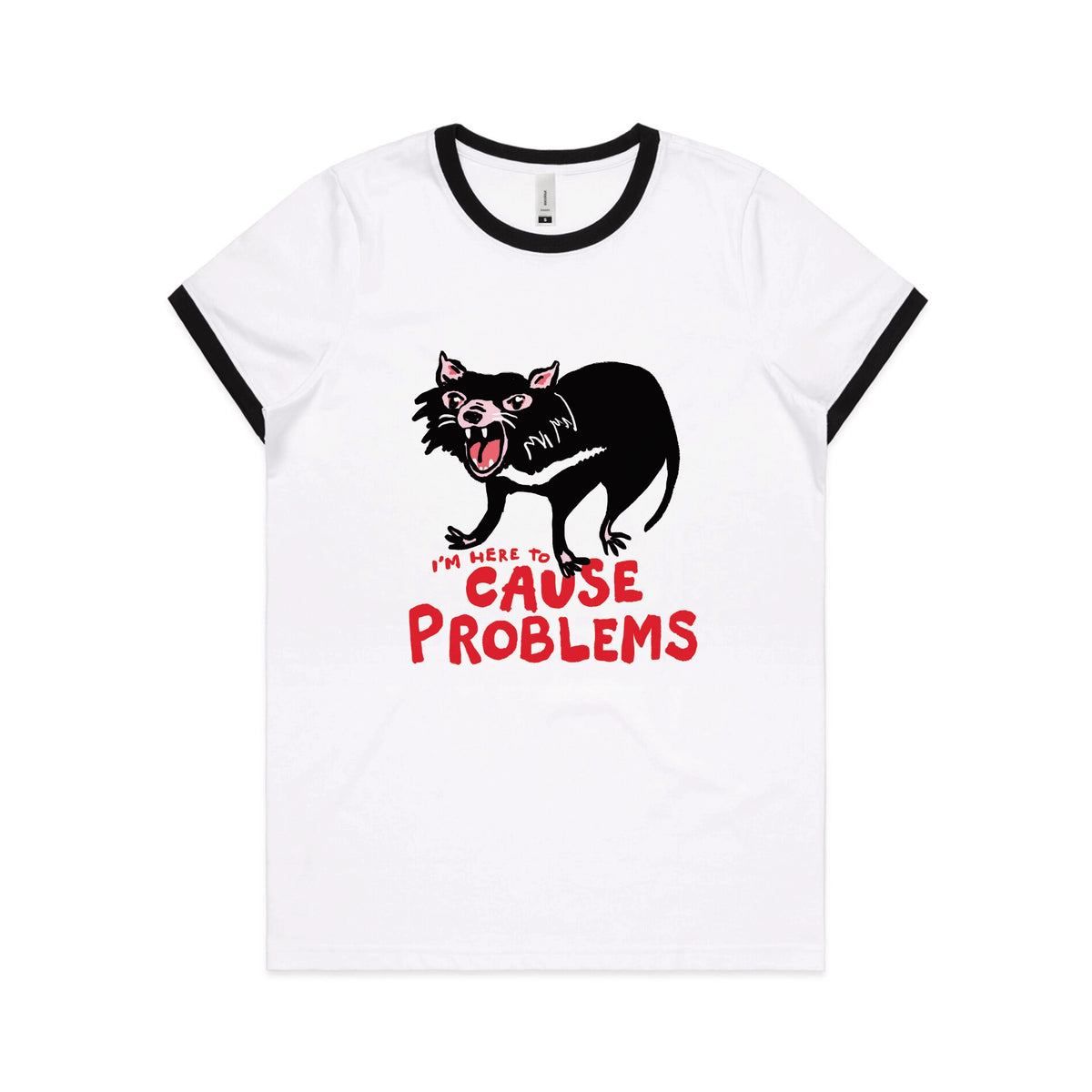 Black/White Ringer fitted womens t-shirt with Cause Problems graphic by Lonely Kids Club