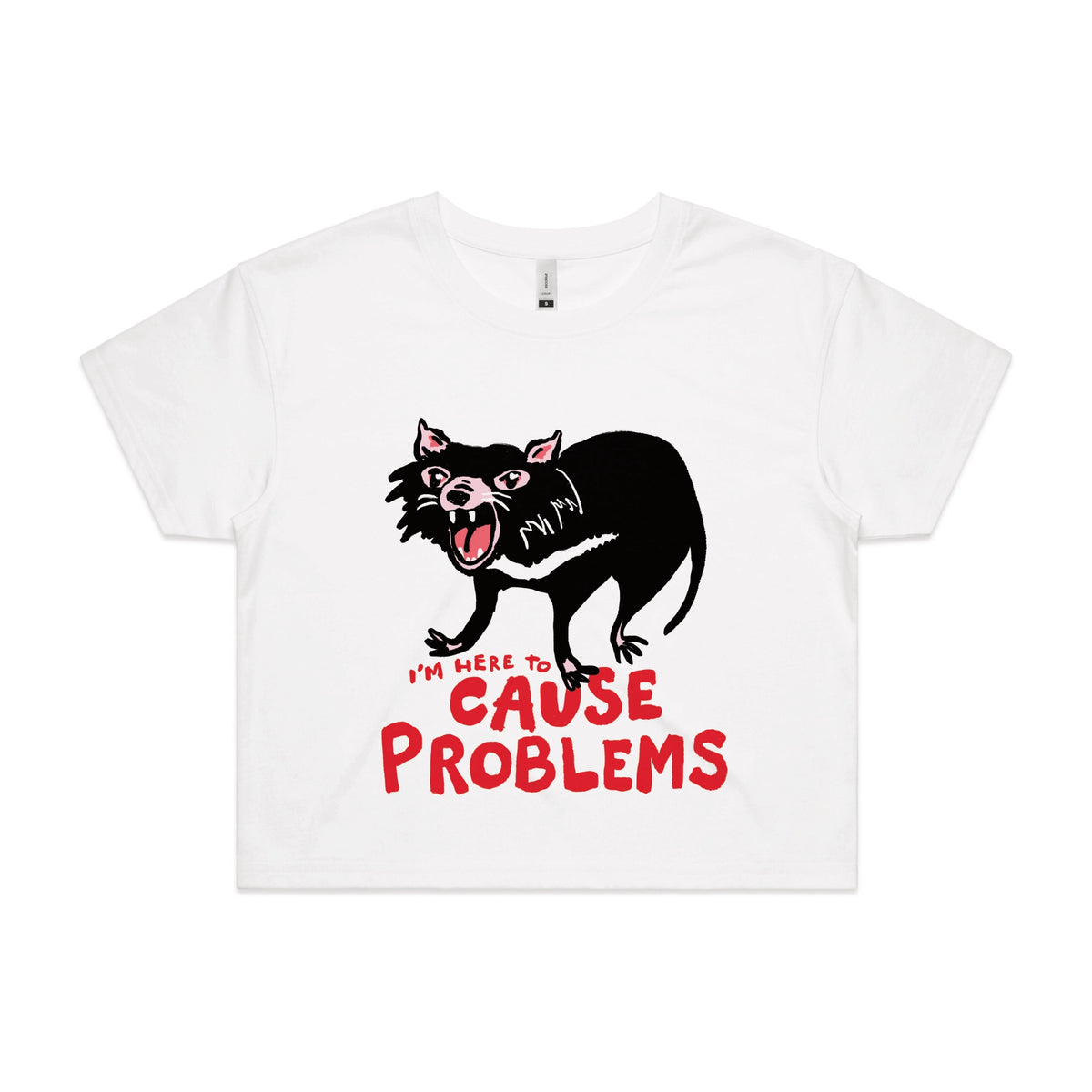 White crop top with Cause Problems graphic by Lonely Kids Club
