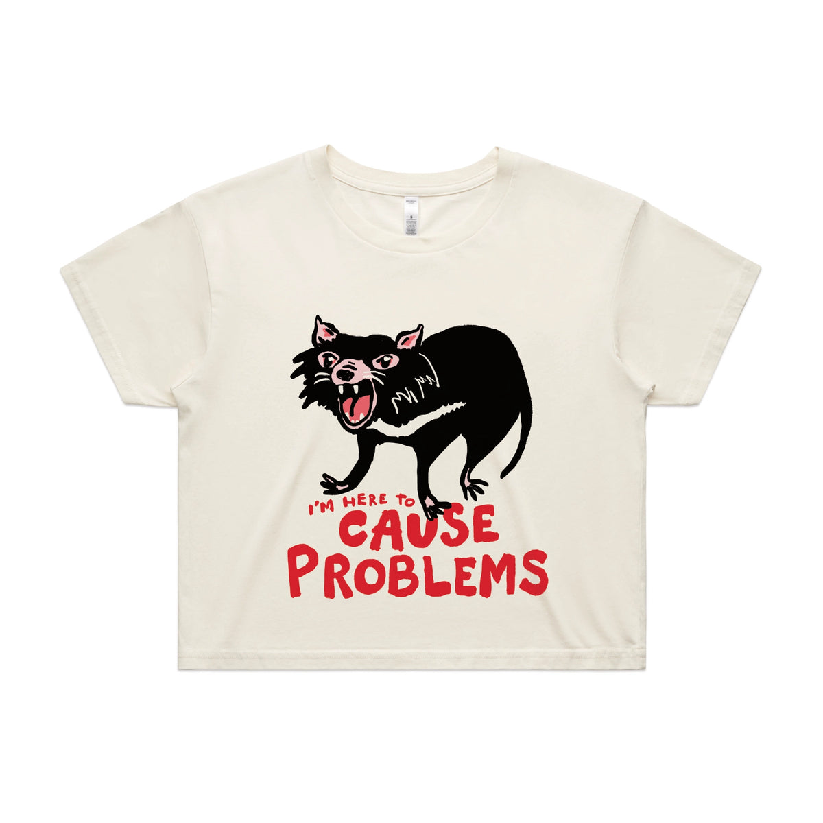 Ecru crop top with Cause Problems graphic by Lonely Kids Club