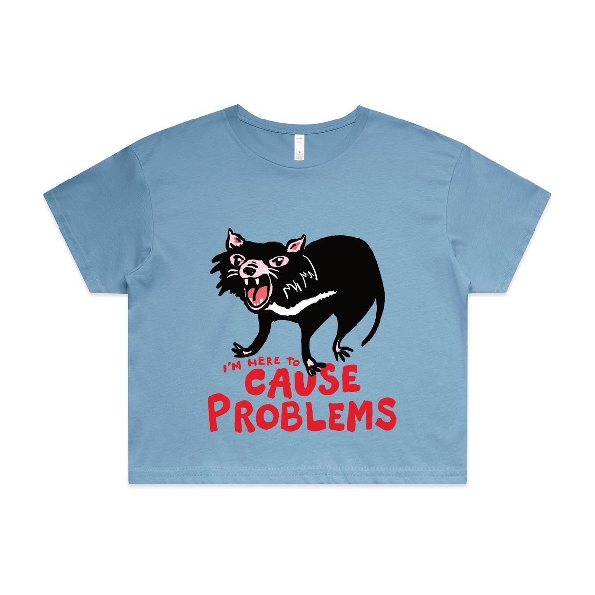 Carolina Blue crop top with Cause Problems graphic by Lonely Kids Club