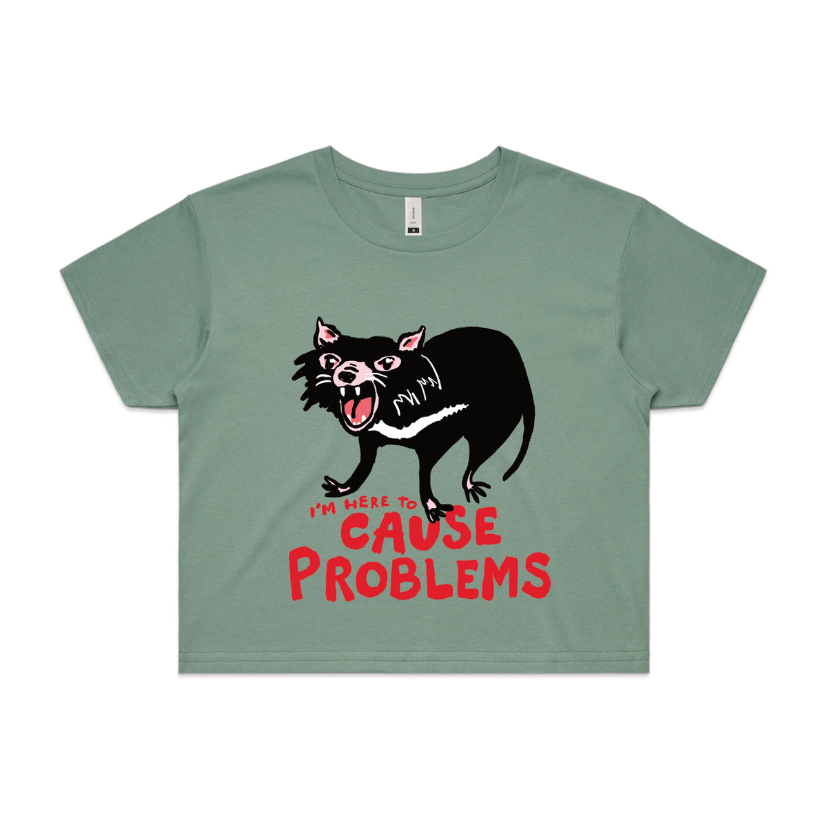 Sage crop top with Cause Problems graphic by Lonely Kids Club