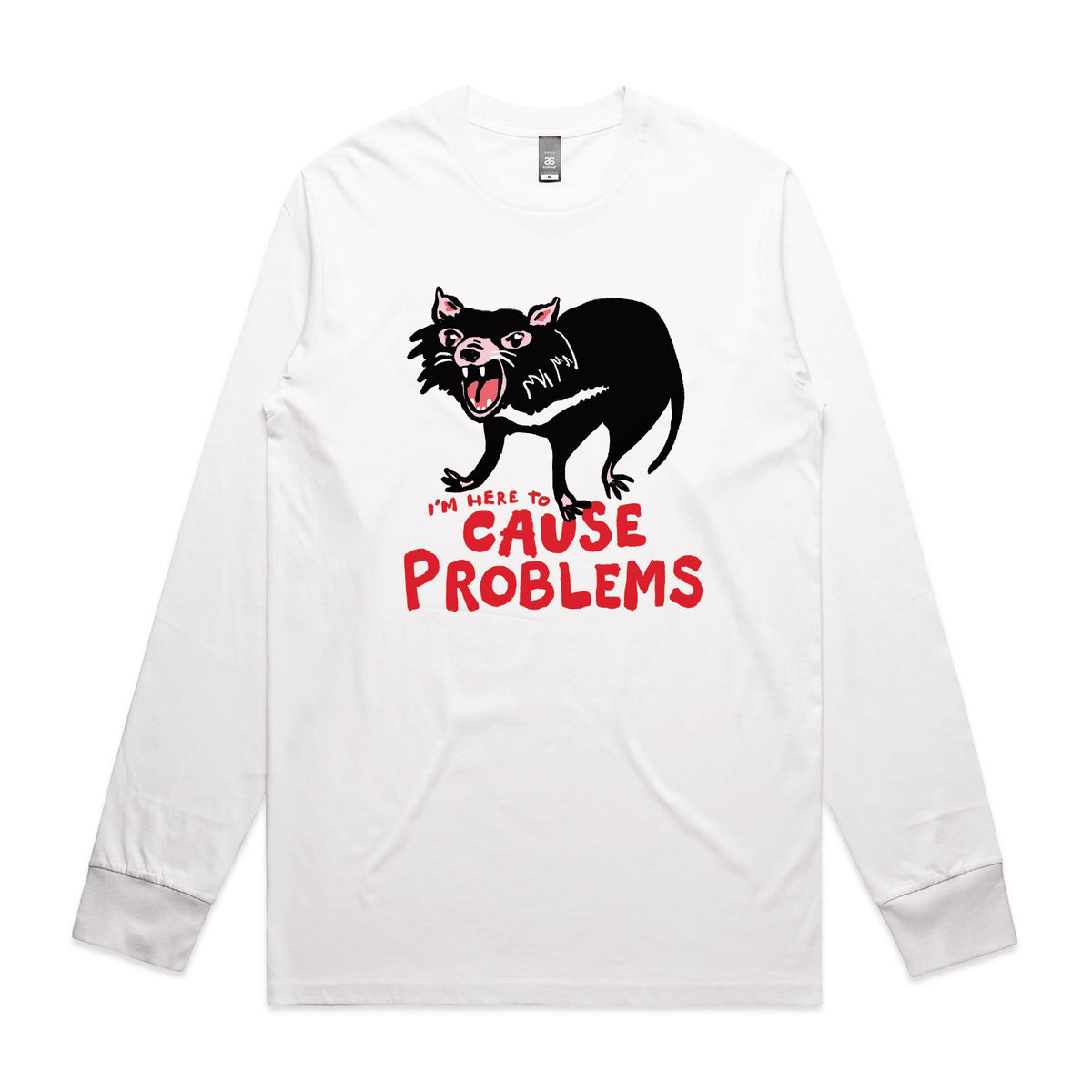 White long sleeve t-shirt with Cause Problems graphic by Lonely Kids Club