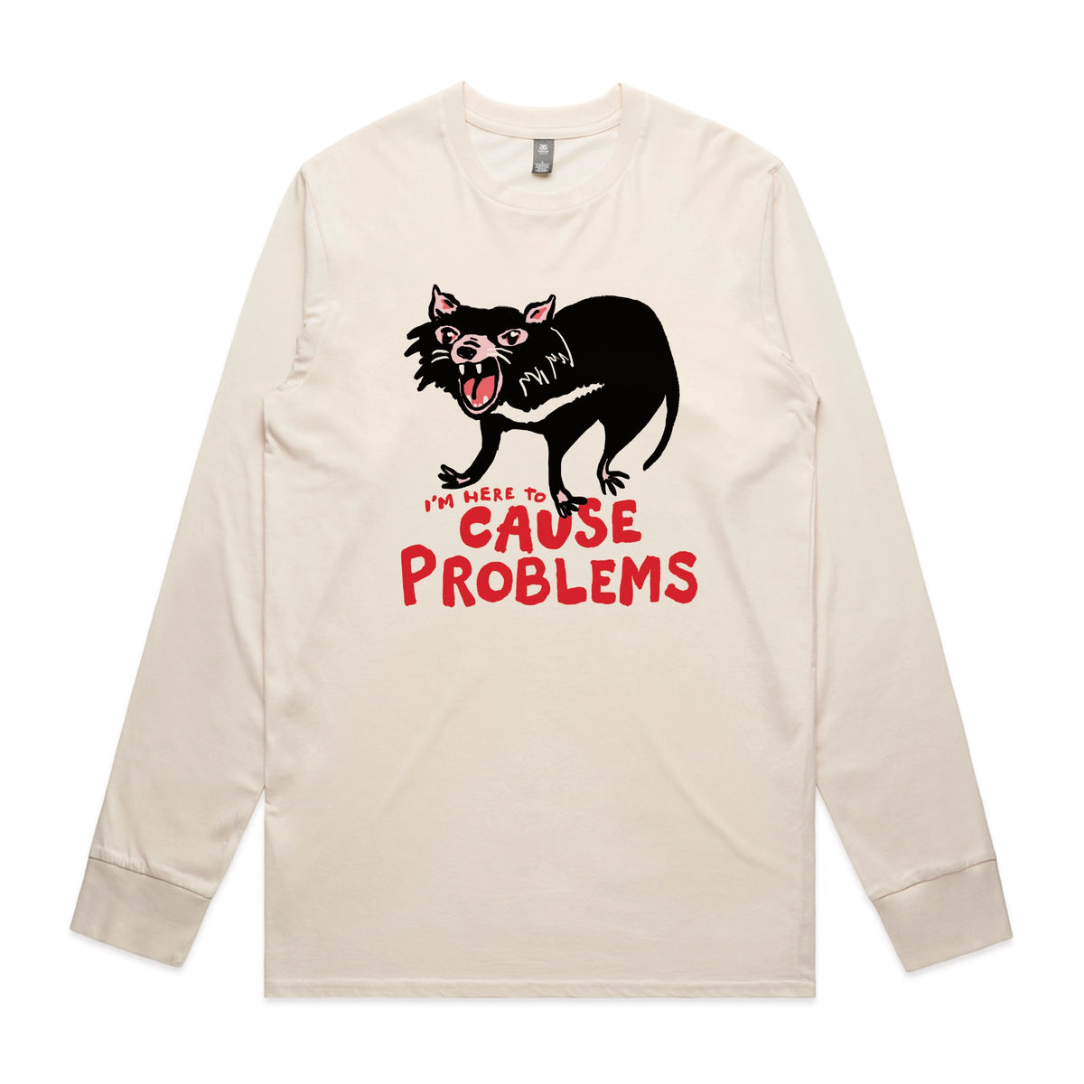 Ecru long sleeve t-shirt with Cause Problems graphic by Lonely Kids Club