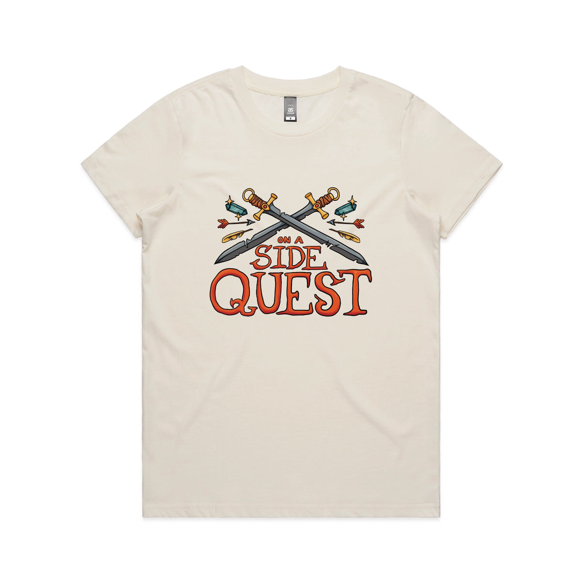 Ecru fitted womens t-shirt with Side Quest graphic by Lonely Kids Club