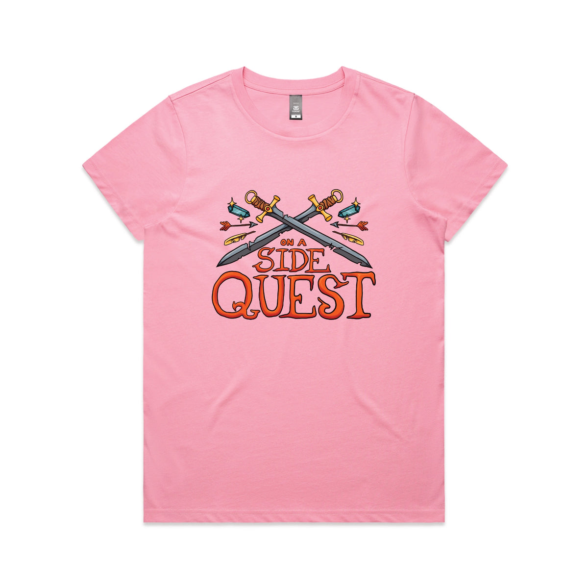 Bubblegum fitted womens t-shirt with Side Quest graphic by Lonely Kids Club