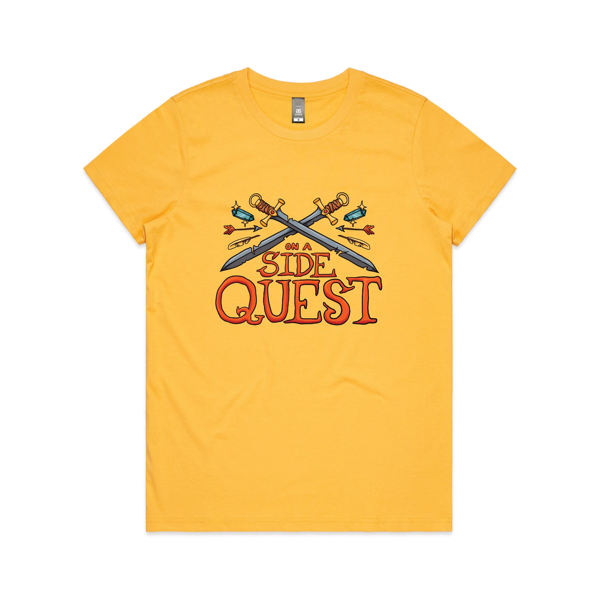 Yellow fitted womens t-shirt with Side Quest graphic by Lonely Kids Club