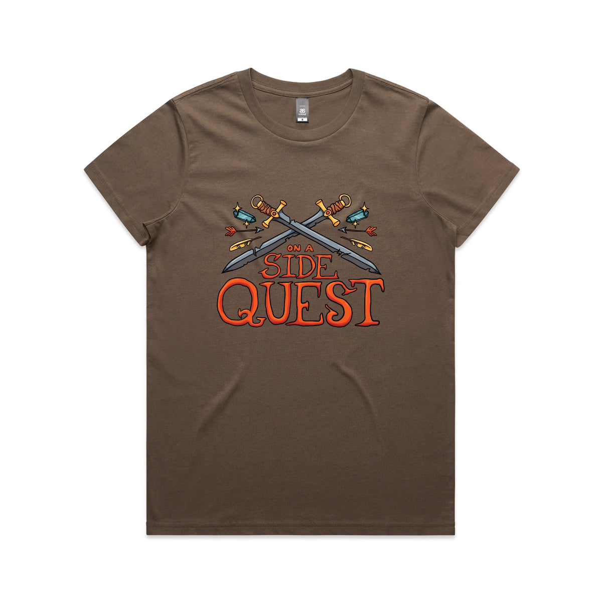 Walnut fitted womens t-shirt with Side Quest graphic by Lonely Kids Club