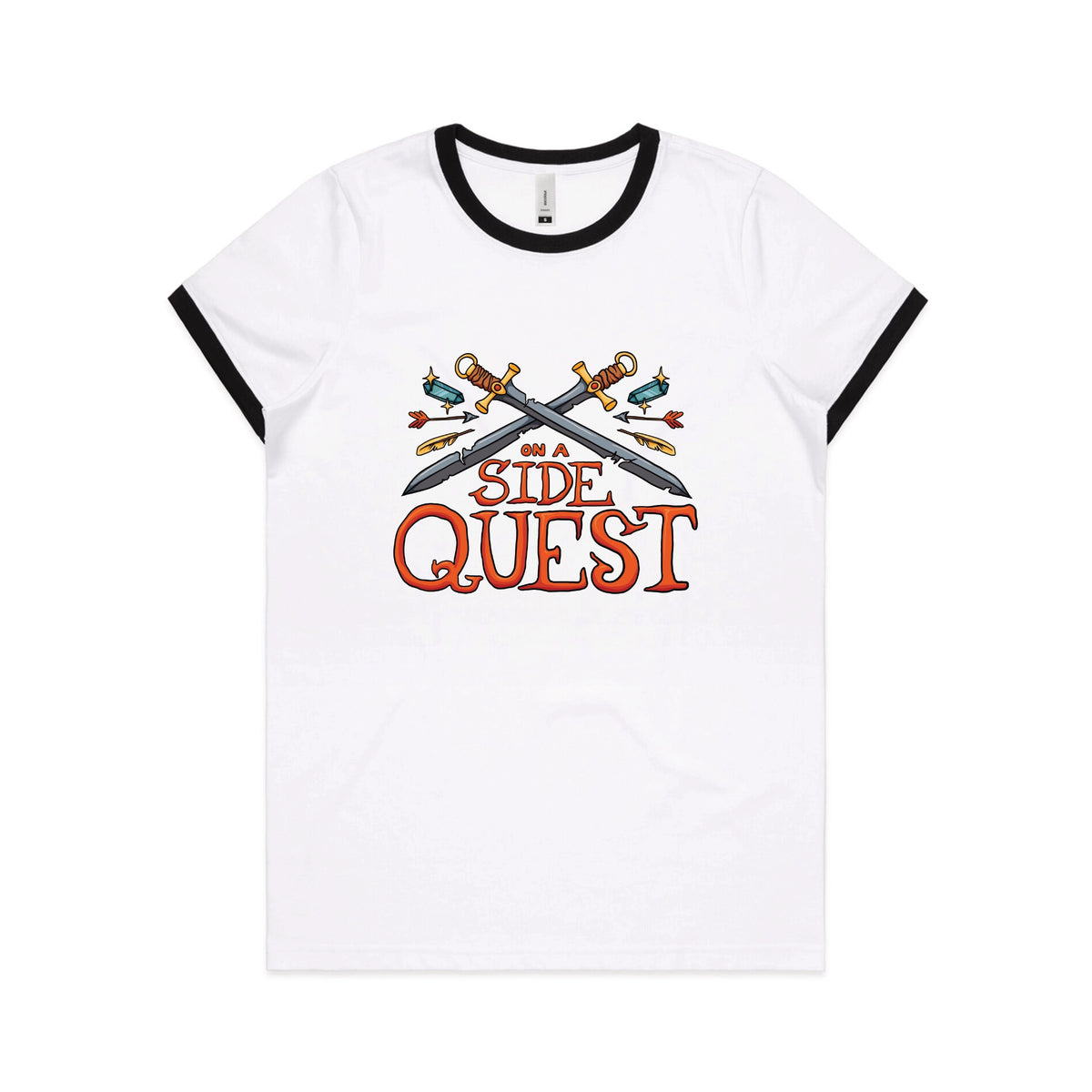 Black/White Ringer fitted womens t-shirt with Side Quest graphic by Lonely Kids Club