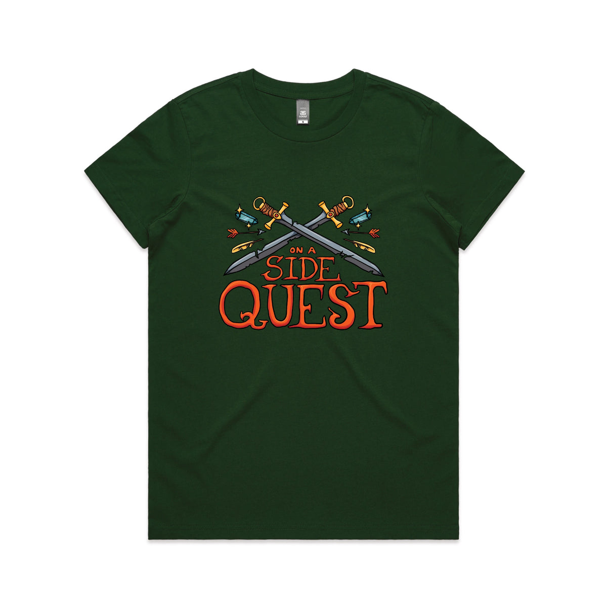 Forest Green fitted womens t-shirt with Side Quest graphic by Lonely Kids Club